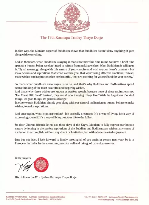 Message de Thayé Dorjé, Sa Sainteté le XVIIe Gyalwa Karmapa, concernant les Kagyu Mönlam 2022 - page 3