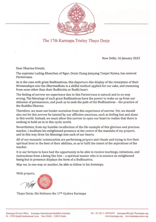 Message de Karmapa à propos du décès de Luding Khenchen Rinpoché, en anglais